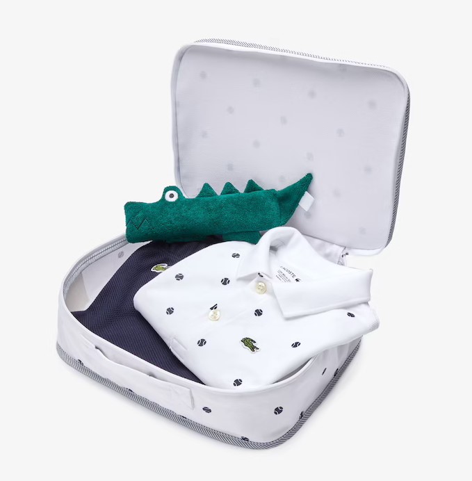 Coffret pyjama Enfant Lacoste en coton biologique avec boîte et hochet Bleu Marine/Blanc
