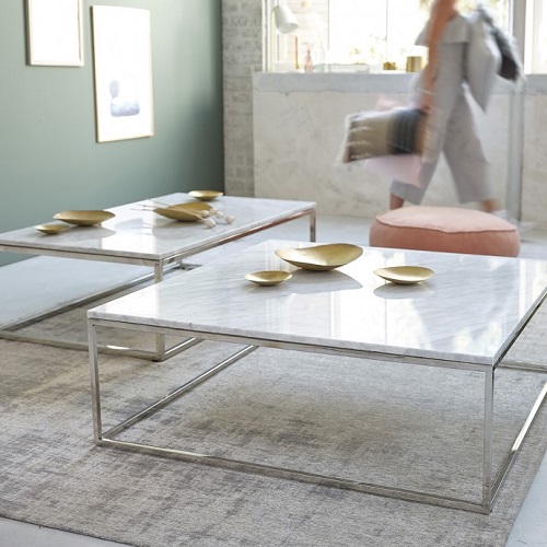 Table basse carrée 100 en marbre blanc et métal