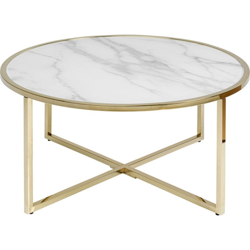 Table basse ronde WEST BEACH en verre effet marbre blanc et acier doré