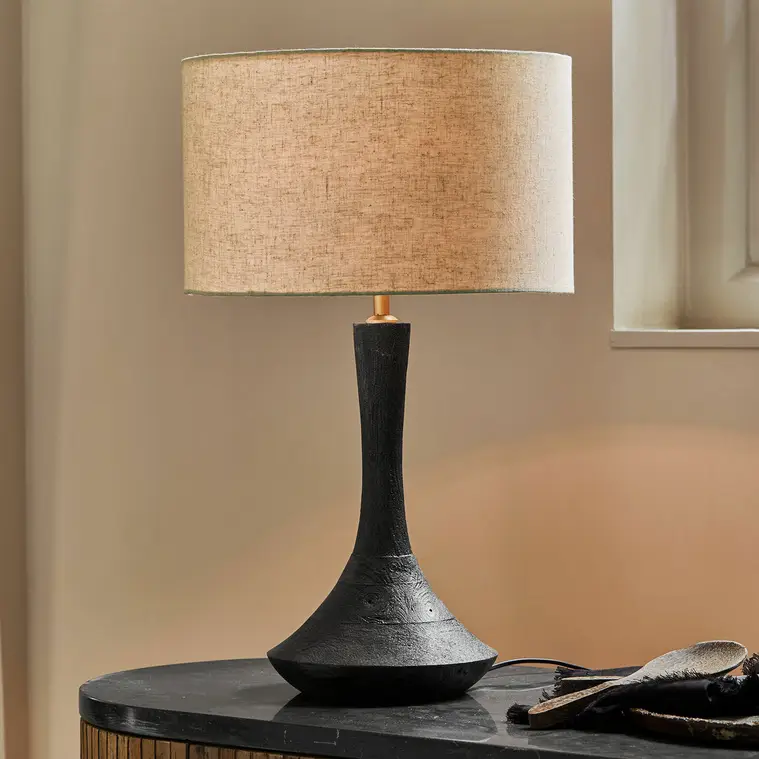 Lampe à poser PELINORE Bois de manguier, Abat-jour 50% coton, 50% lin noir/beige - Loberon