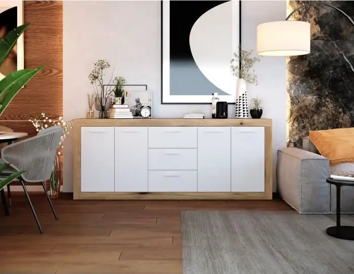 Buffet STONE 4 Portes Mélamine chêne rustique et blanc mat pas cher chez Cdiscount