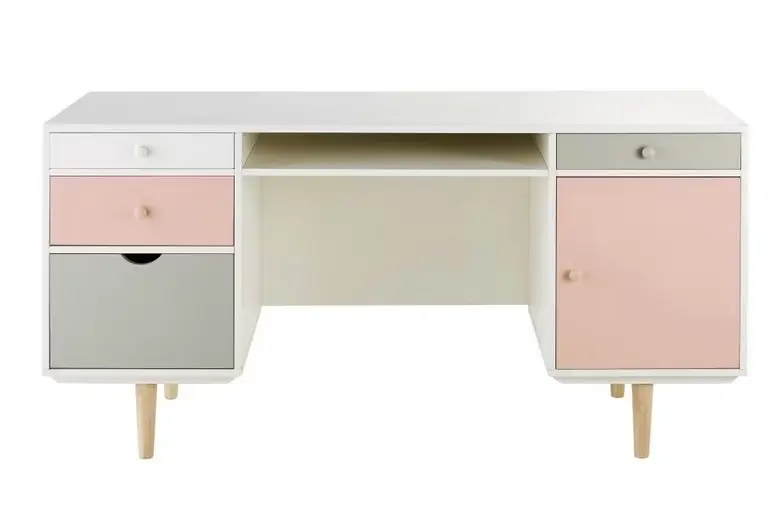 Bureau Enfant BLUSH 1 porte 4 tiroirs blanc, gris et rose - Maisons du Monde