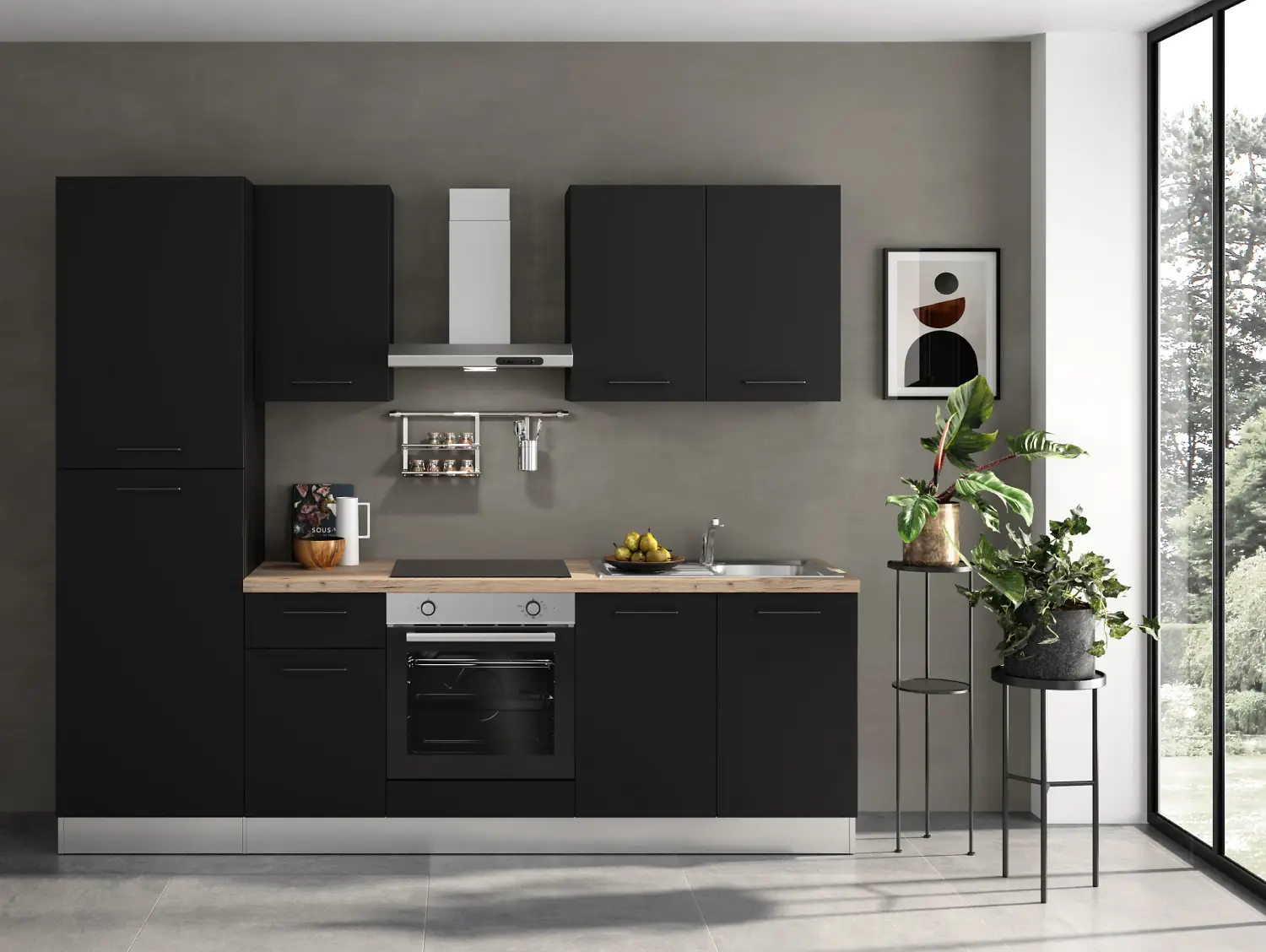 Cuisine complète montée All in ORNELLA noir L. 255 cm avec électroménager - Castorama