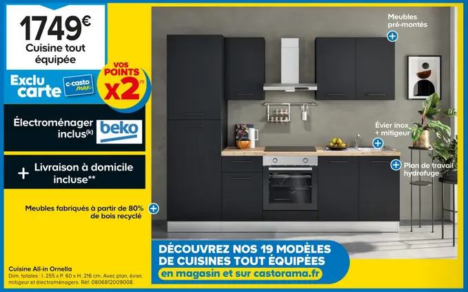 Cuisine complète montée All in ORNELLA noir L. 255 cm avec électroménager pas cher - Cuisine complète Castorama