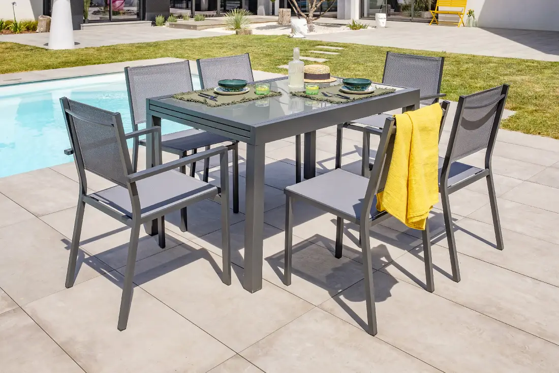 Ensemble de Jardin TOLEDE DCB Garden Table extensible et 4 chaises + 2 fauteuils aluminium gris anthracite pas cher - Salon de Jardin Castorama