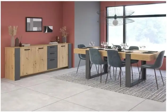 Ensemble Enfilade + Table LOFT de PARISOT 8 personnes Chêne Artisan et gris pas cher