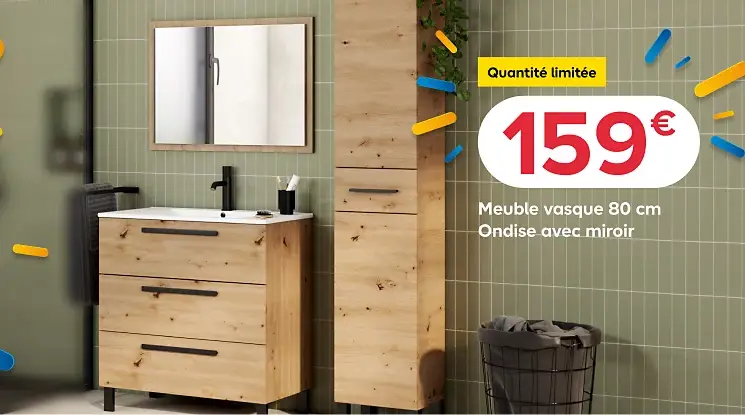 Ensemble meuble sous vasque ONDISE l.80 cm + plan vasque + miroir effet bois