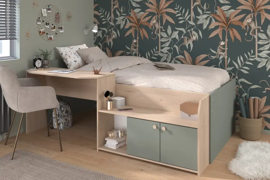 Lit combiné Enfant JADE 90x190/200 cm Chêne/Vert céladon pas cher chez Cdiscount