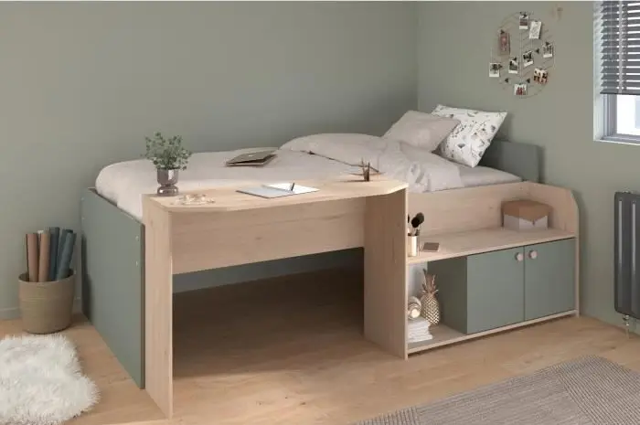 Lit combiné Enfant JADE 90x190/200 cm Chêne/Vert céladon, Bureau et rangements de PARISOT
