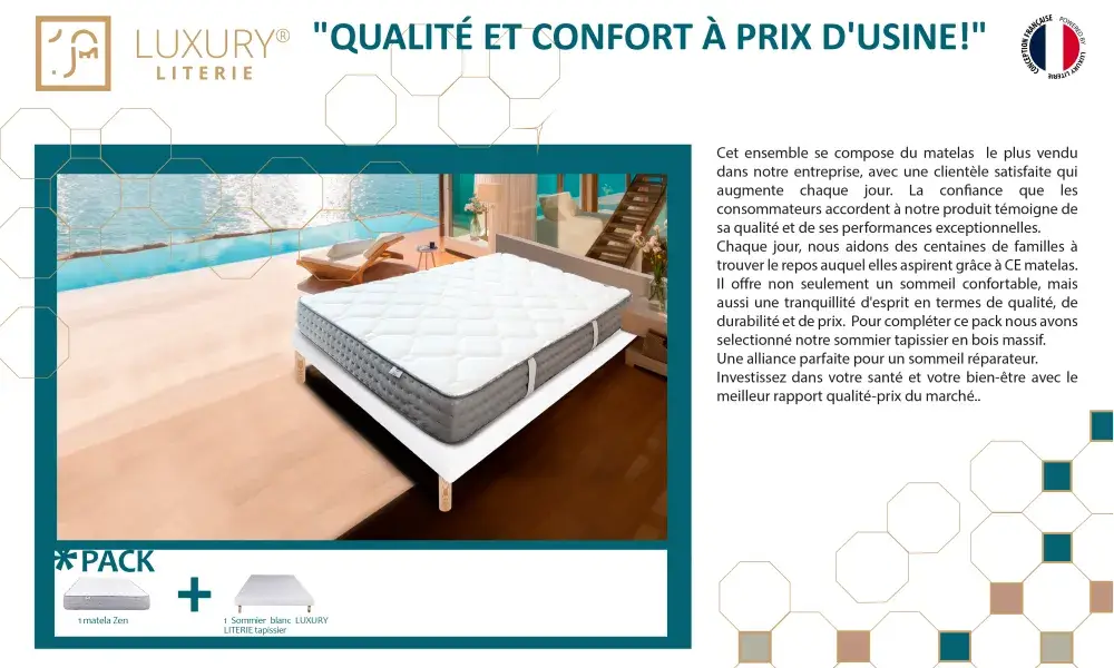 Ensemble Matelas ZEN + Sommier LUXURY LITERIE 160 x 200 cm Blanc : FRENCH DAYS Cdiscount Réduction -10%