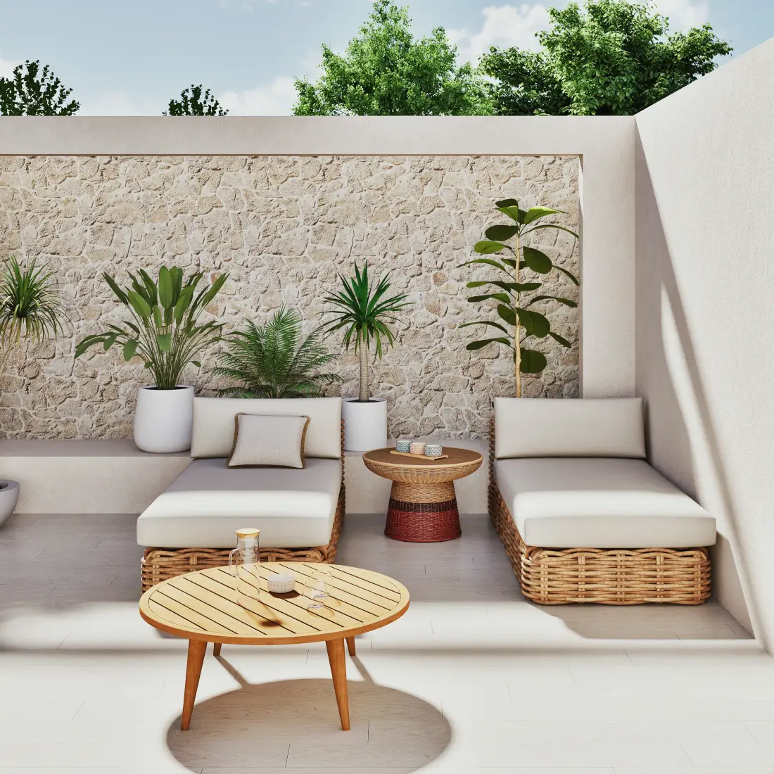 Méridienne ST TROPEZ pour canapé de jardin modulable en rotin et coussins écrus de Maisons du Monde : Réduction de -20%