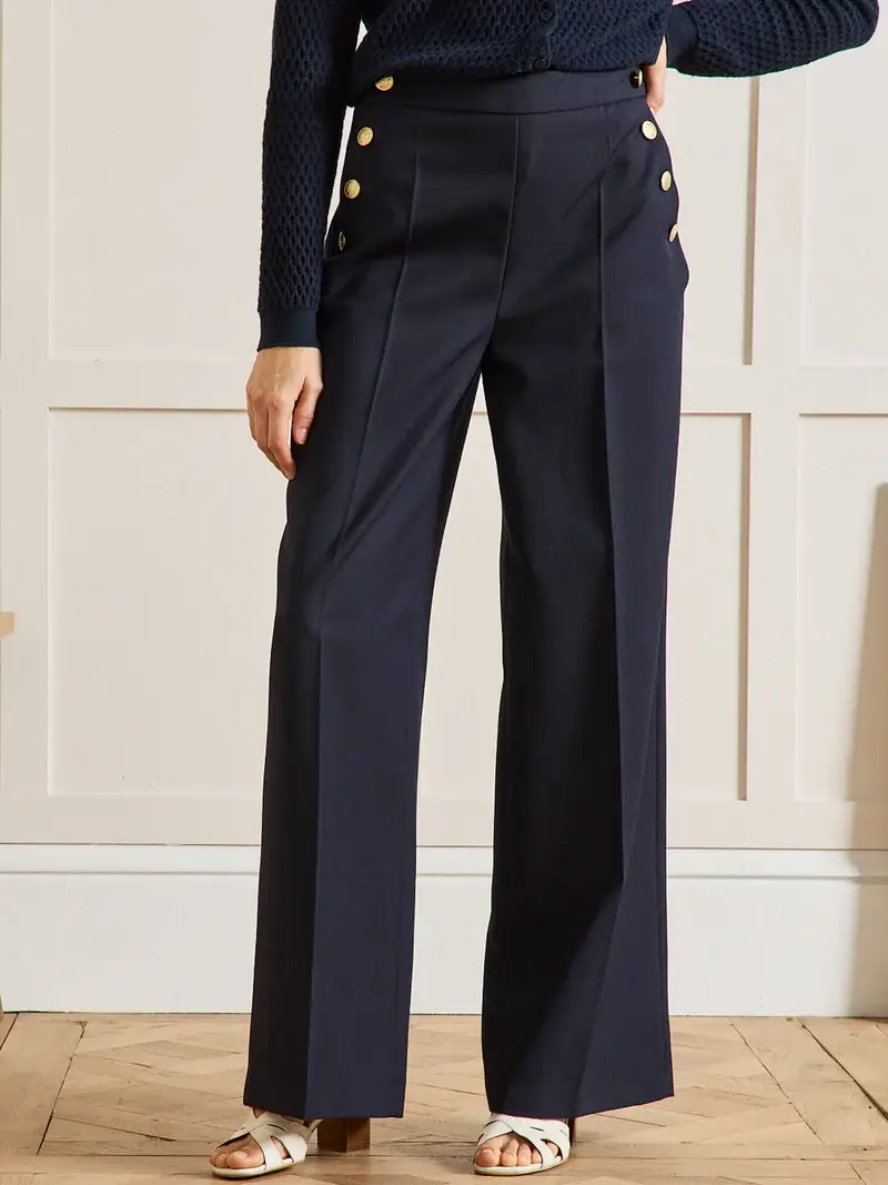 Pantalon large à pont Femme MAÉ Cyrillus boutons dorés encre : L'Élégance Nautique Réinventée