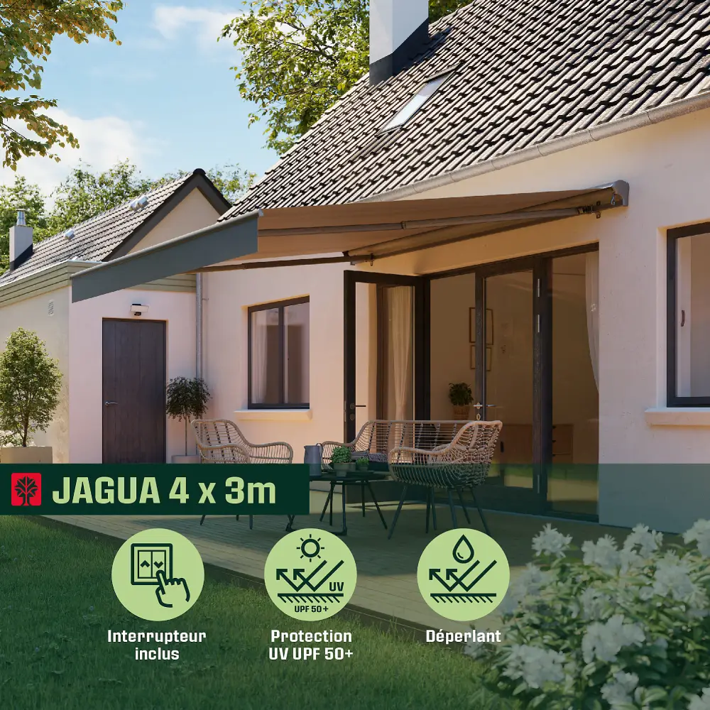 Store banne motorisé JAGUA Klikstrom avec semi coffre 4x3 m gris