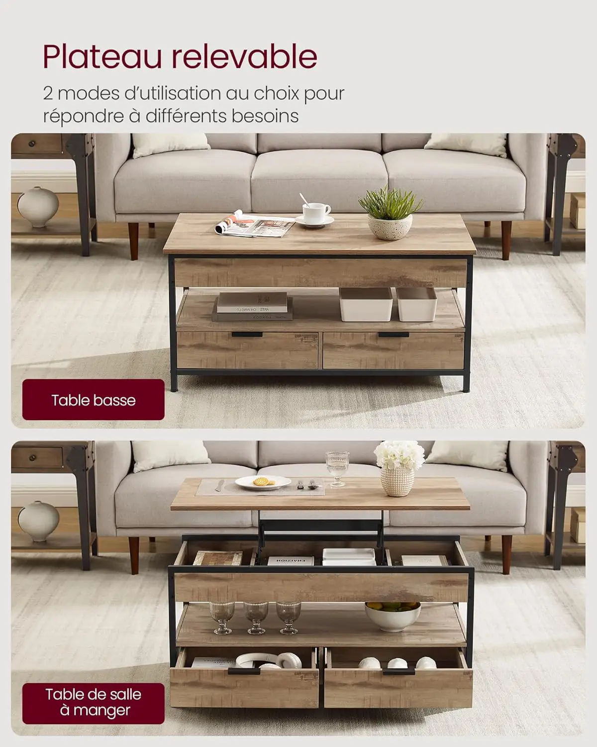 Table de salon ISLAND avec plateau relevable – Design industriel, fonctionnel et élégant