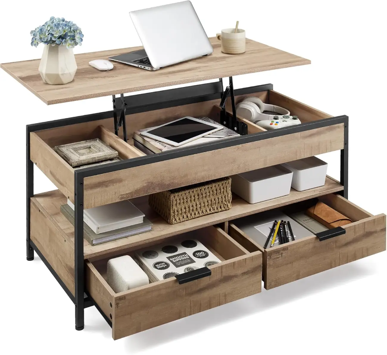 Table de salon ISLAND avec plateau relevable marron camel et noir d'encre - Maisons du Monde