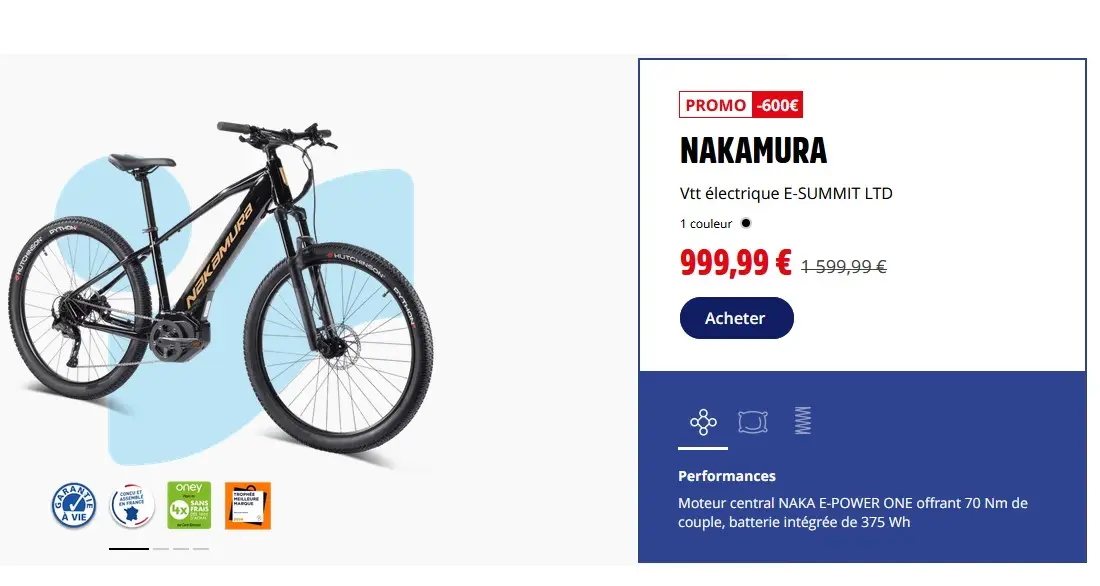 VTT électrique adulte E-SUMMIT LTD NAKAMURA 25km/h Autonomie 60 Km pas cher 600€ de Réduction chez INSTERSPORT