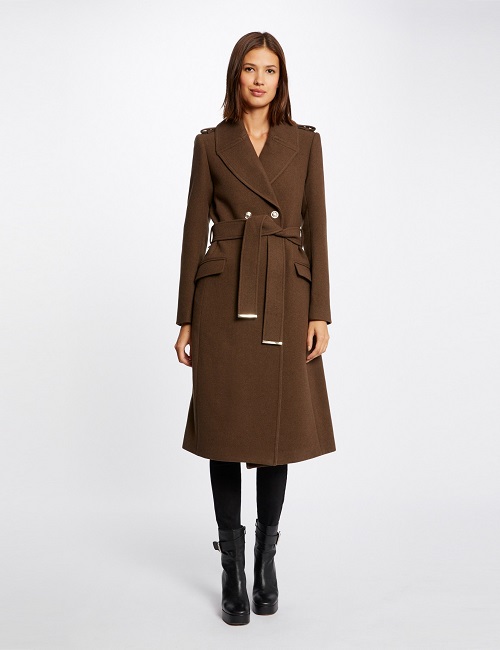 Manteau droit MORGAN boutonné et ceinturé olive - Manteau Femme Morgan