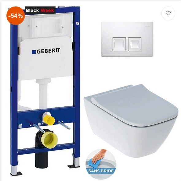 Pack WC Bâti-support Duofix + WC sans bride Geberit Smyle + Abattant softclose + Plaque blanche (SmyleGeb1)