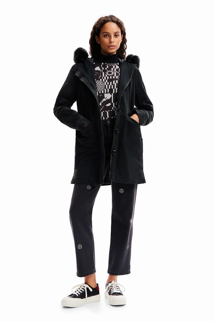 Parka capuche broderies Desigual noir pas cher - Black Friday Parka Femme Desigual