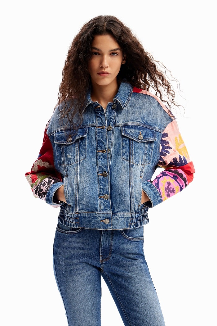 Veste jean courte patchwork Desigual Denim effet délavé