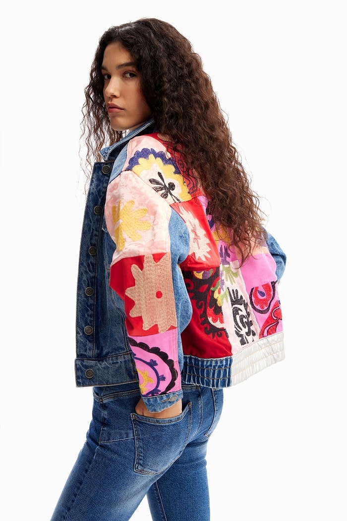 Veste jean courte patchwork Desigual Denim effet délavé - Veste en Jeans Femme Desigual