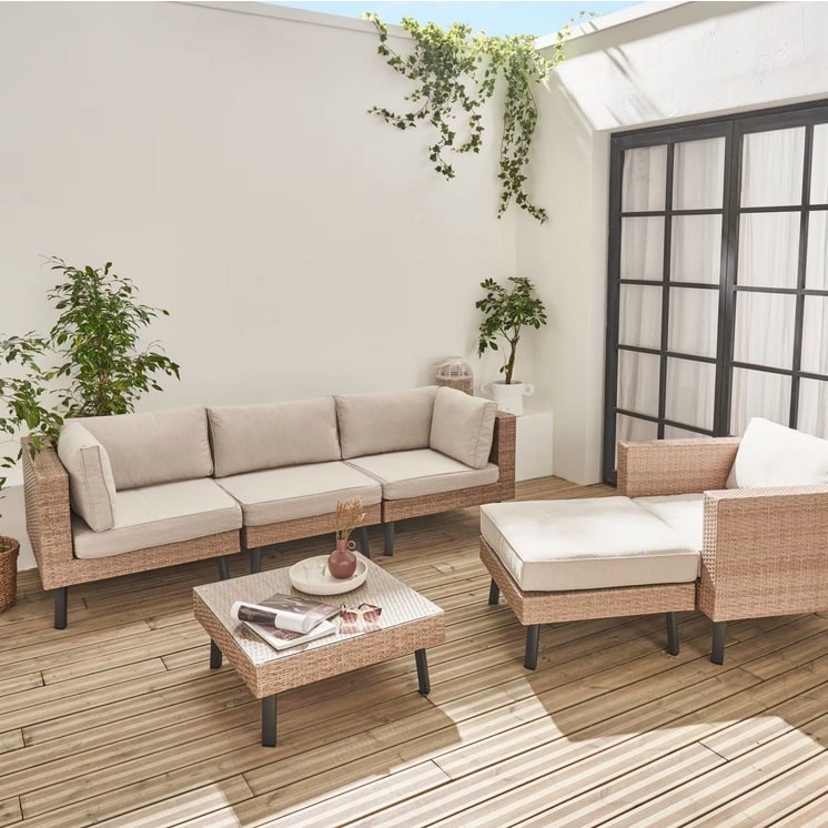 Salon de jardin ALBA 5 places en résine tressée plate beige - Salon de Jardin Maisons du Monde