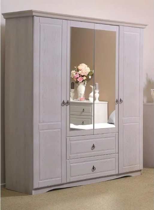 BLANCA Armoire 4 portes + miroirs 2 tiroirs Décor chêne blanchi