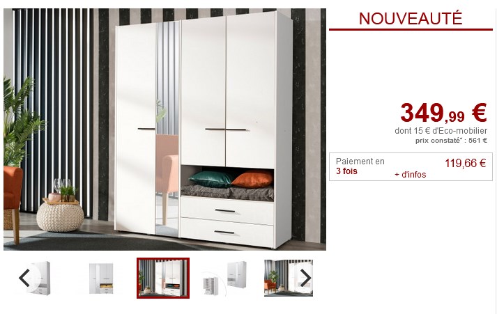 Armoire THELMA 3 portes et 2 tiroirs avec Miroir blanc pas cher - Armoire Vente Unique