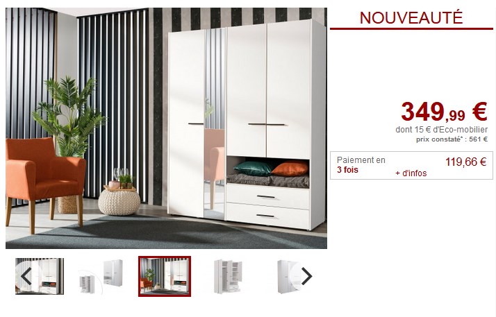 Armoire THELMA 3 portes et 2 tiroirs avec Miroir blanc