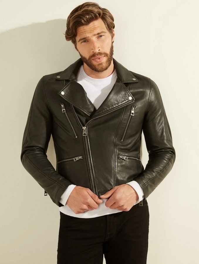 BLOUSON DE MOTARD CUIR VERITABLE GUESS Noir - Blouson Homme GUESS