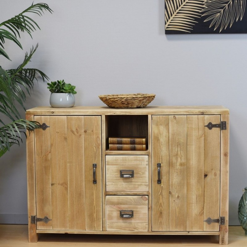 Buffet LAZARE 2 portes 2 tiroirs pin massif bois vieilli - Maisons du Monde