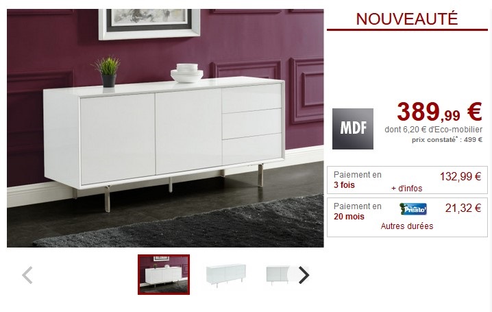 Buffet 2 portes 3 tiroirs CARLUTA blanc pieds métal - Vente Unique