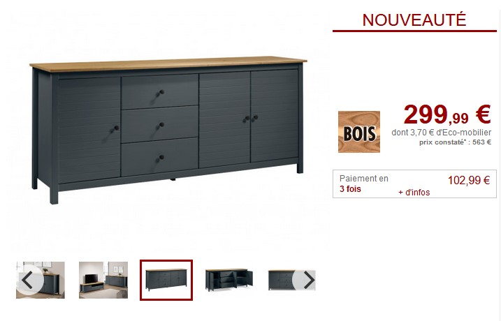 Buffet NEWPORT 3 portes, 3 tiroirs Pin Anthracite pas cher - Buffet Vente Unique