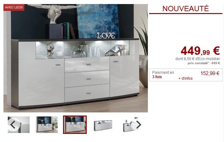 Buffet SALY 3 tiroirs et 2 portes LEDs Blanc pas cher - Buffet Vente Unique