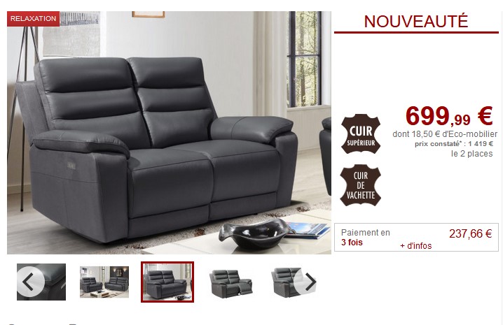 Canapé 2 places relax électrique TERADO en cuir et tissu Anthracite pas cher - Canapé Vente Unique