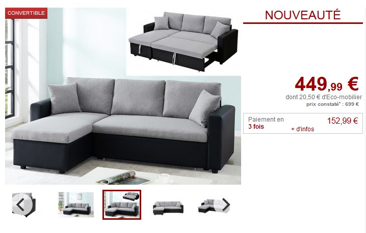 Canapé d'angle convertible et réversible GAZUR en tissu gris et simili noir