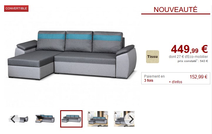 Canapé d'angle convertible réversible MARCHAL en tissu gris pas cher - Canapé Vente Unique