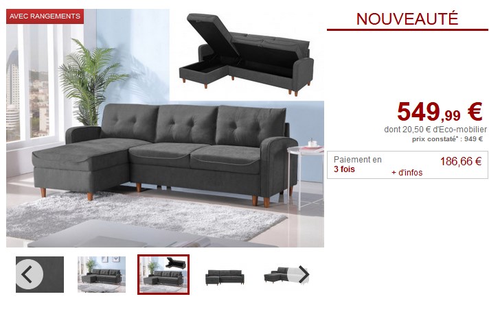 Canapé d'angle réversible TROY tissu anthracite