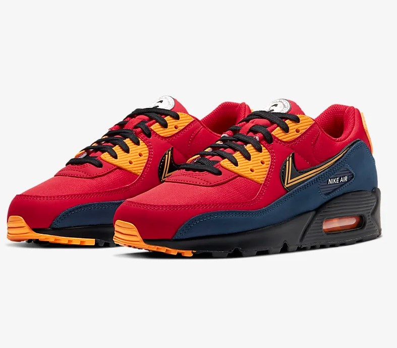 Nike Air Max 90 Premium Rouge université/Or université/Bleu nuit marine/Noir - Baskets Homme Nike