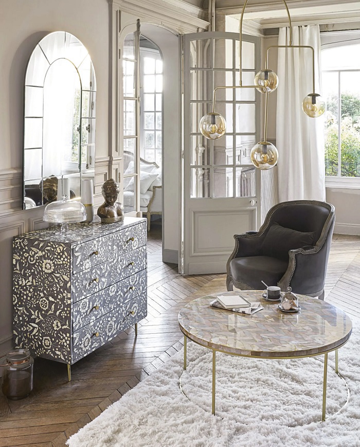 Commode 3 tiroirs Gabriella gris motif floral - Maisons de Monde