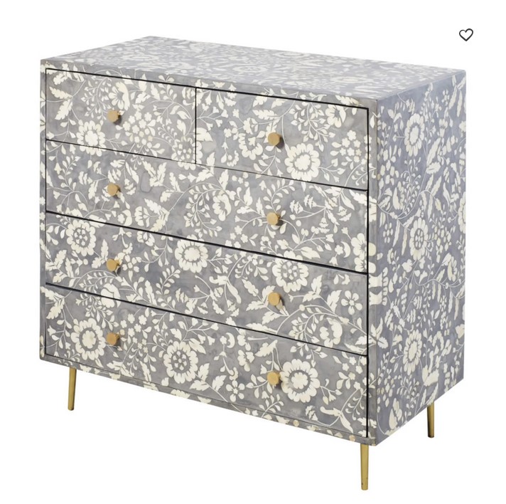 Commode 3 tiroirs Gabriella gris motif floral - Commode Maisons du Monde