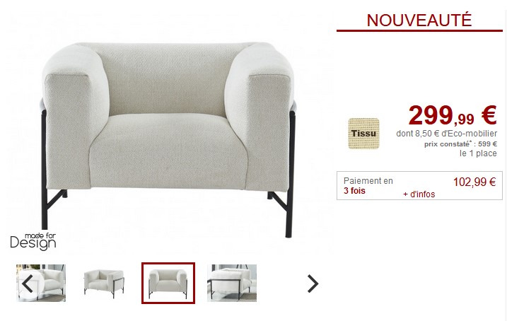 Fauteuil en tissu CELINE Crème pas cher - Fauteuil Vente Unique