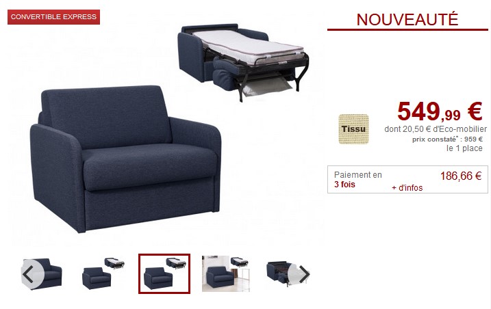 Fauteuil rapido convertible express NADOA en tissu Bleu pas cher - Fauteuil Vente Unique