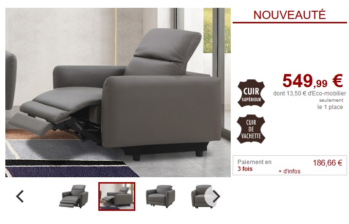 Fauteuil relax électrique CLEOPHEE en cuir supérieur pas cher - Fauteuil Vente Unique