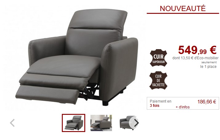 Fauteuil relax électrique CLEOPHEE en cuir supérieur Taupe