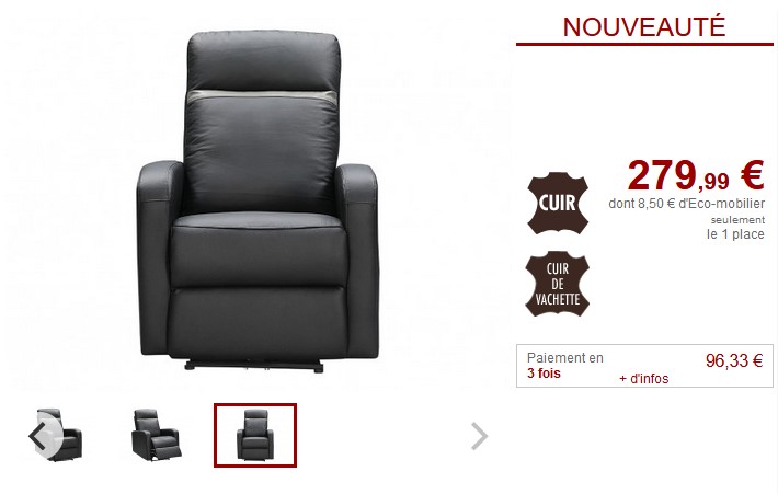 Fauteuil relax électrique ABERDEEN cuir noir & anthracite pas cher - Fauteuil Vente Unique