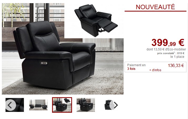 Fauteuil relax électrique KENNETH en cuir Noir