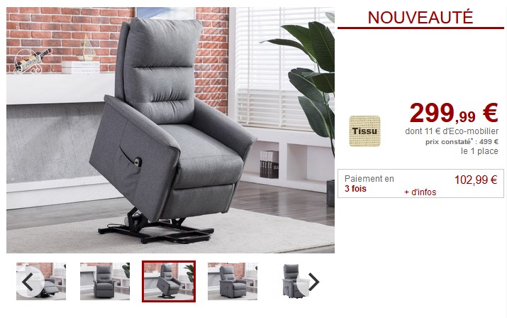 Fauteuil releveur électrique FLOREANA en tissu Gris pas cher - Fauteuil Vente Unique