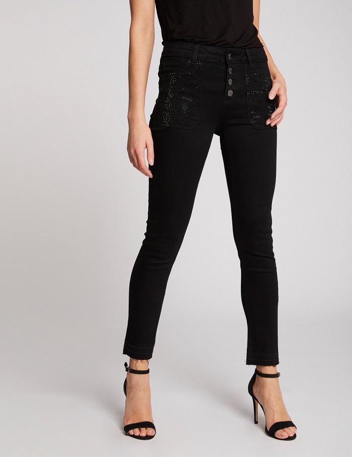 Jeans skinny taille standard à strass noir Mor