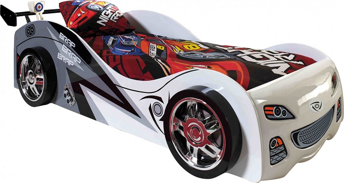 Lit enfant voiture de course blanc et noir 90x200 pas cher - Lit Enfant Destock Meubles